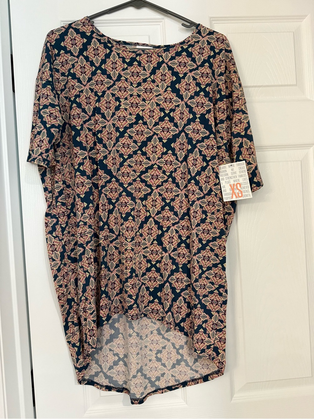 LuLaRoe Irma Blue Tunic with Pink Geometric Print